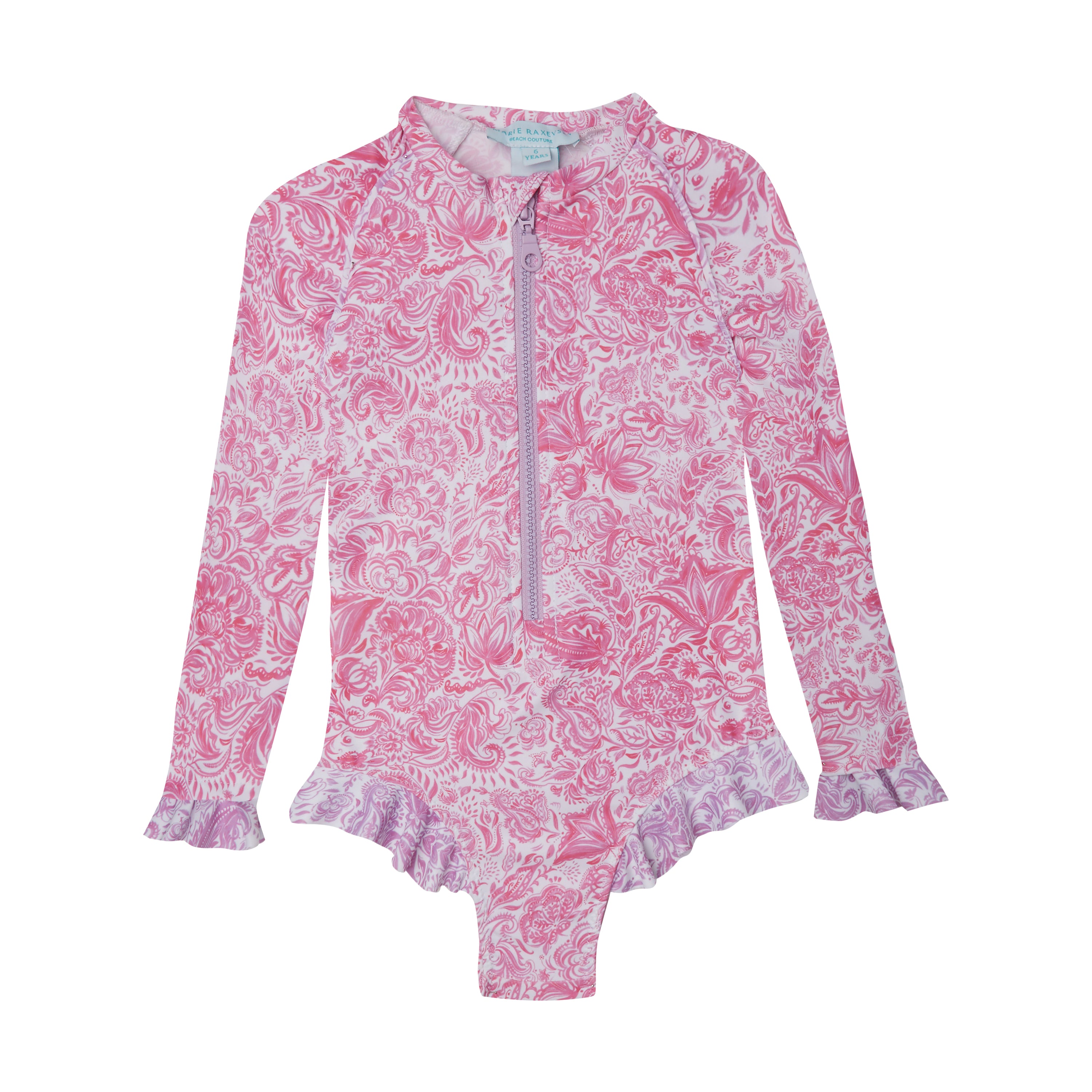 GIRL'S ONE PIECE LONG SLEEVE RUFFLES PAISLEY PINK