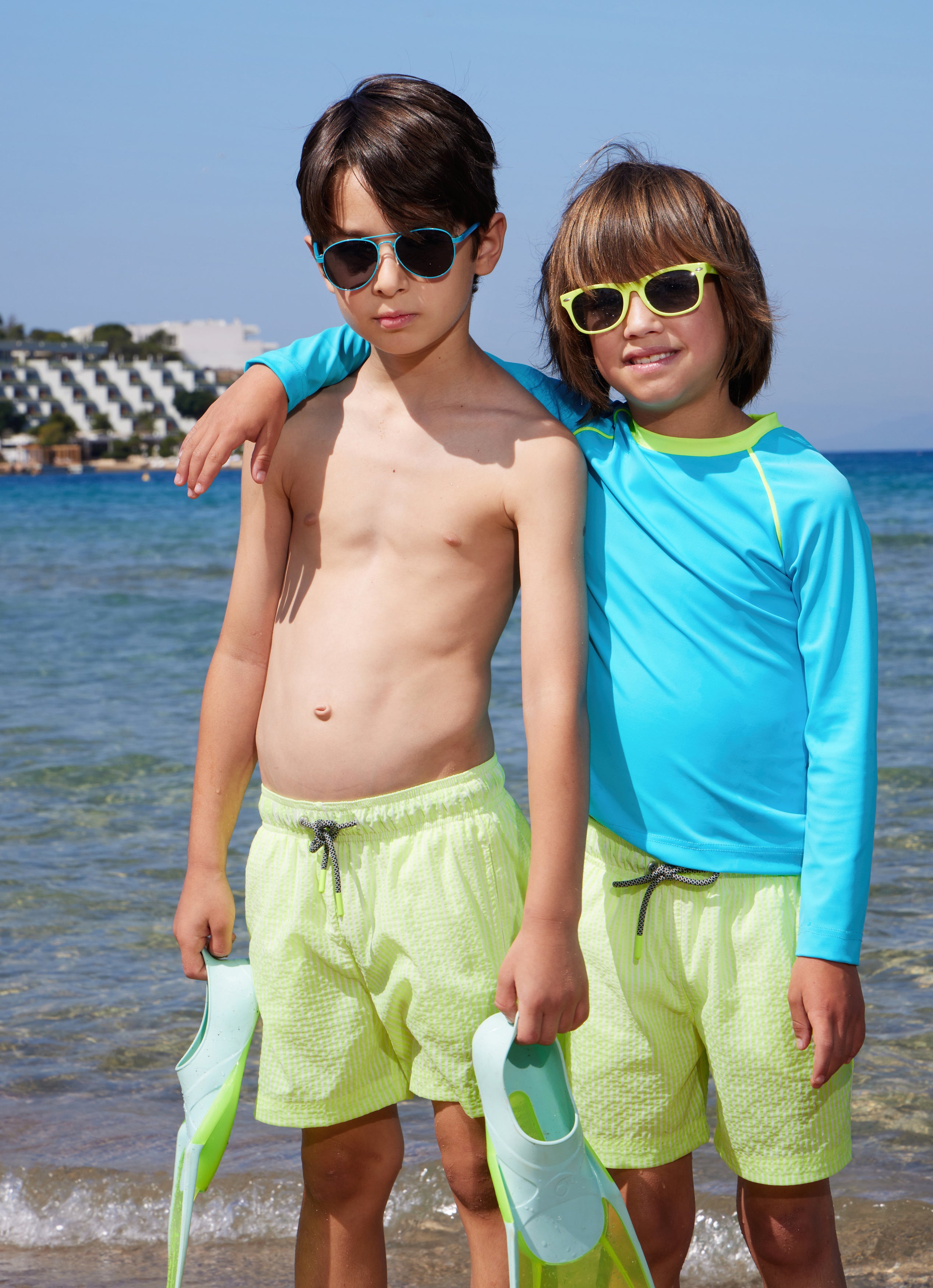 BOY'S SWIM SHORTS STRIPES NEON YELLOW