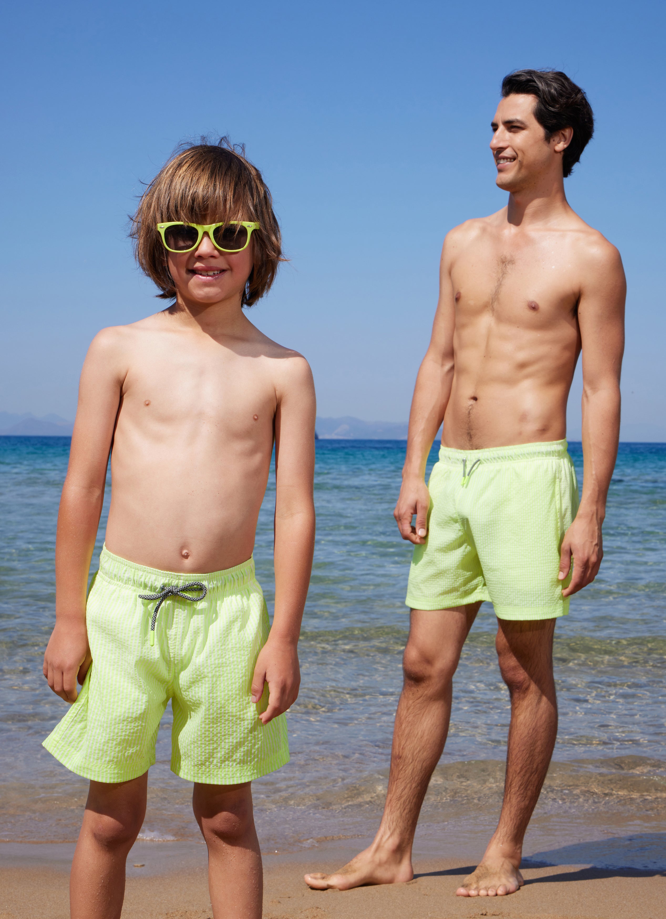 BOY'S SWIM SHORTS STRIPES NEON YELLOW