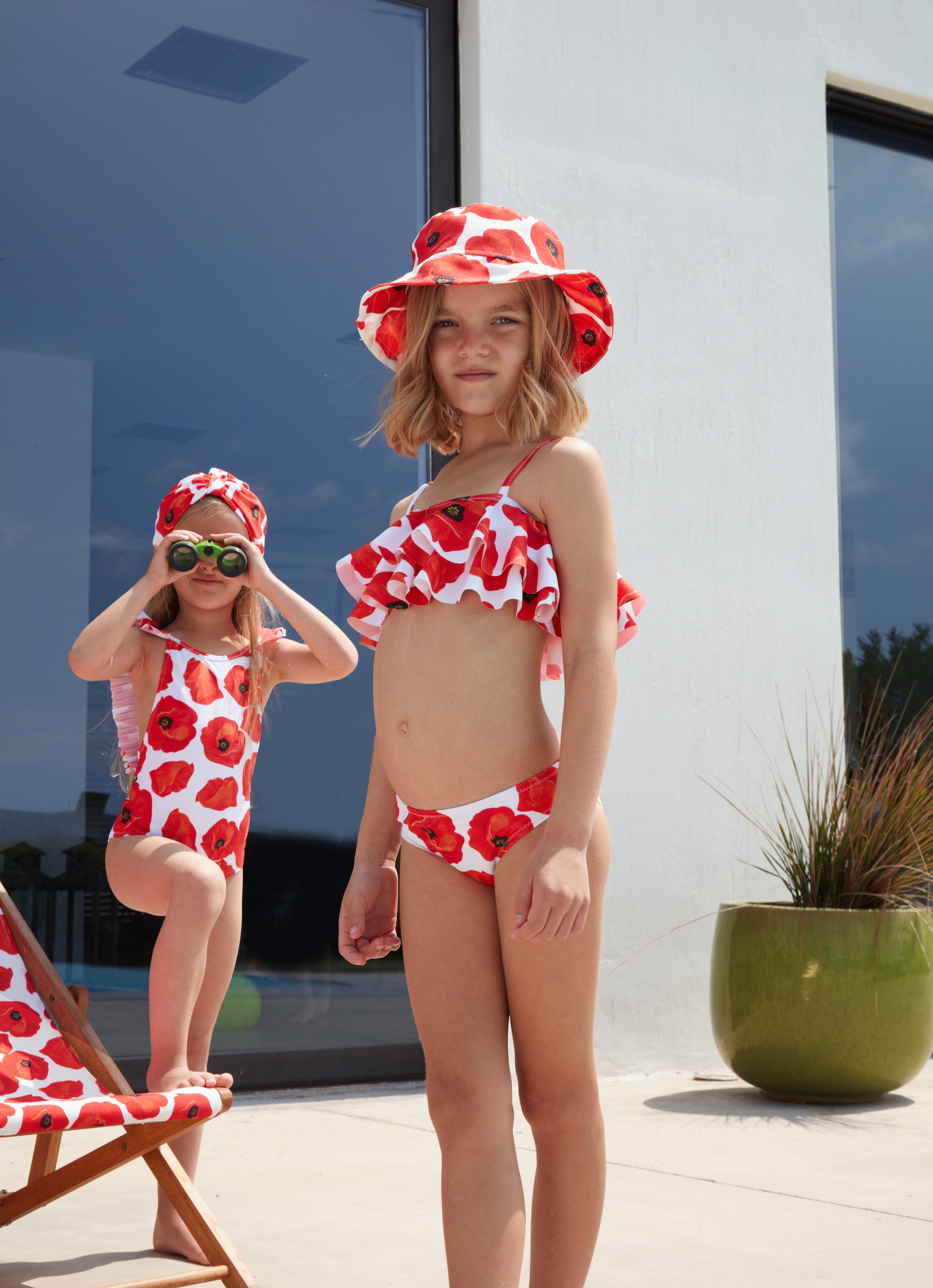 GIRL'S DOUBLE RUFFLED BIKINI POPPY