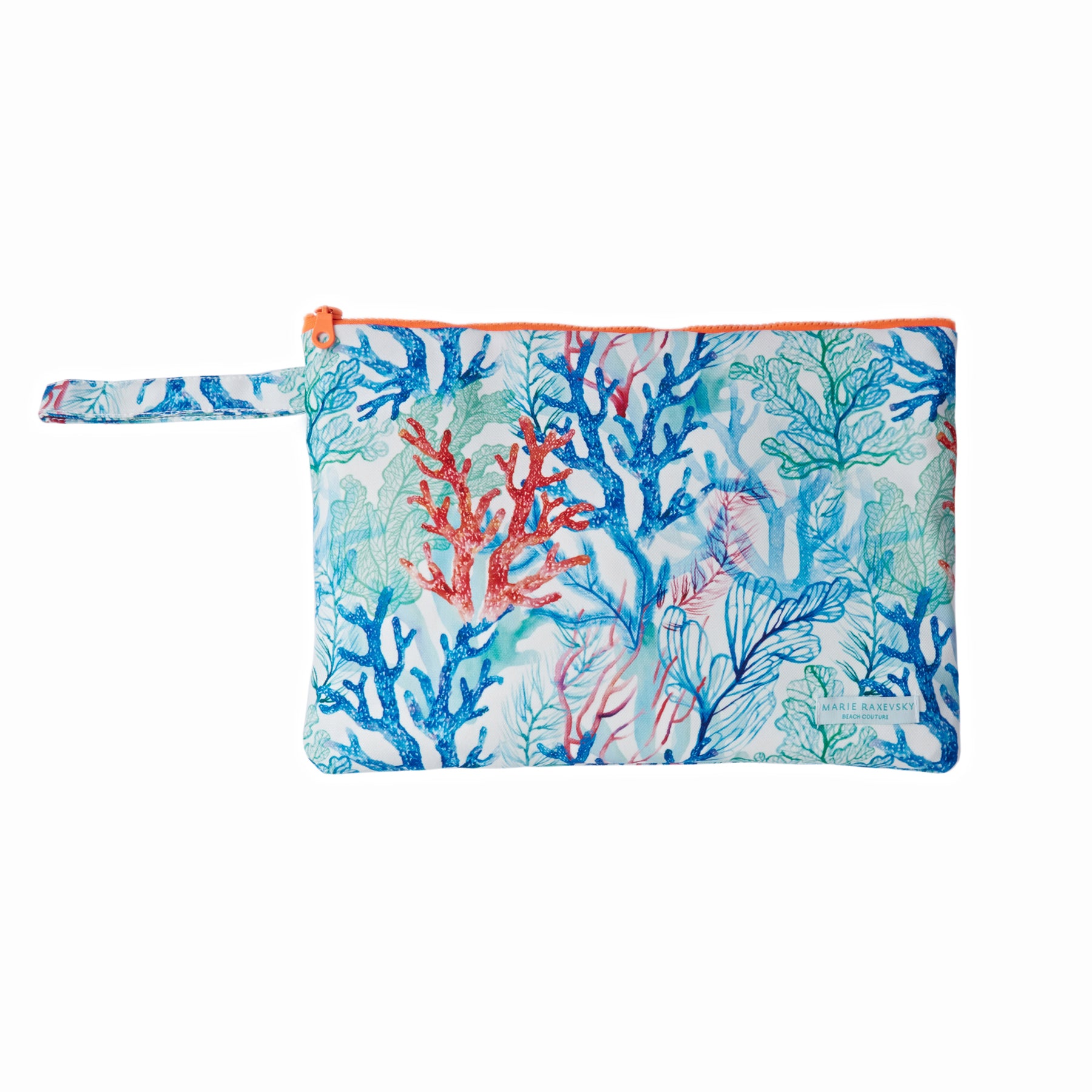 Our collection of waterproof small pouches with measurements 18x25 cm, match our swimwear and beachwear pieces and are the ultimate super stylish summer accessories. Decorated in our signature colorful prints, these pouches are perfect for storing your essentials while at the beach and accessorizing your outfits during sunny morning strolls or island night strolls. This one is decorated in our corals print in orange, green and blue hues and features a neon orange zipper. 

